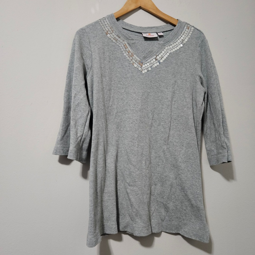 Quacker Factory Women Grey Sequin V-Neck 3/4 Sleeve Cotton‎ Knit Top Small